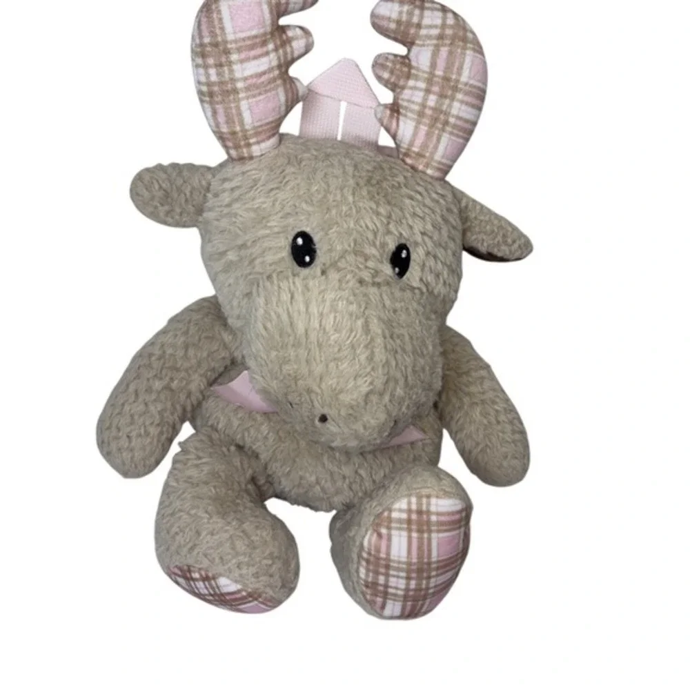 Tan Moose Plush Backpack‎ Pink Plaid Antlers Sherpa Faux Fur Stuffed Animal Bag